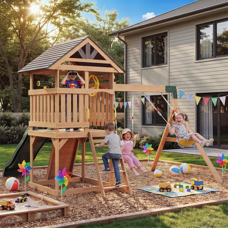 Portique en bois avec glissade ondulée, mur d'escalade, 2 balançoires à sangles et tour d'observation, aire de jeux pour enfants dans le jardin.