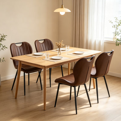 Ensemble de 4 chaises de salle à manger en polyuréthane brun moderne de 19,6 po avec poignée intégrée et pieds en métal pour la salle à manger, petits espaces
