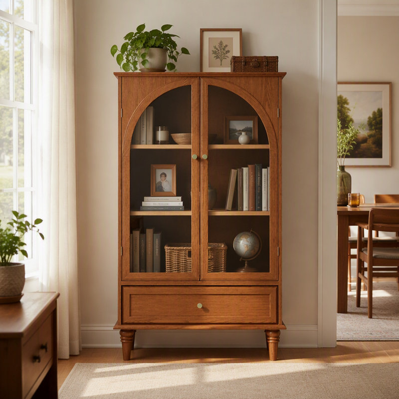 Vitrine d'appoint vintage de style campagnard avec étagères et tiroir réglables, en MDF plaqué bois véritable, avec pieds en bois massif.