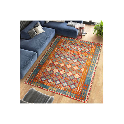 Machine Washable  Orange Detailed Ethnic Patterned Woven Base Modern Decorative Rug