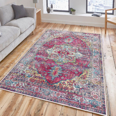 Premium Cotton Area Rug, 5.2 x 7.5 Feet | 100% Cotton, 1200 g/m², Pile Height: 0.4 in, Non-Slip PVC Underside | Machine Washable, Antibacterial, Elegant White & Tile Red, Green & Blue Design | Perfect for Living Room & Bedroom