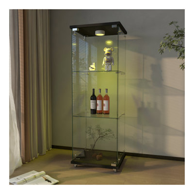 Modern Glass Display Cabinet with LED lights, Quick-assembly Antique Cabinet, Tempered Glass Bookshelf, Suitable for Living Room and Bedrooms, 1-door 4-shelf