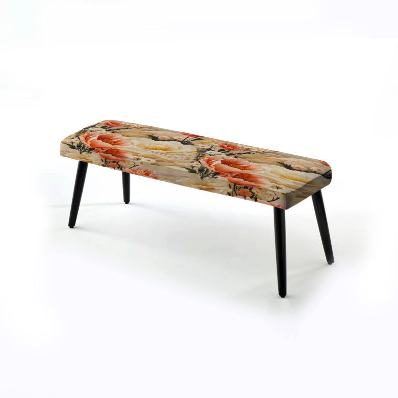 Sandy Beige Peonies Mirage Peach I - Floral Upholstered Black Bench