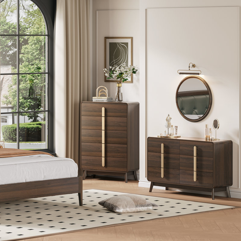 Commode 5 tiroirs Mid-Century, Noir noyer