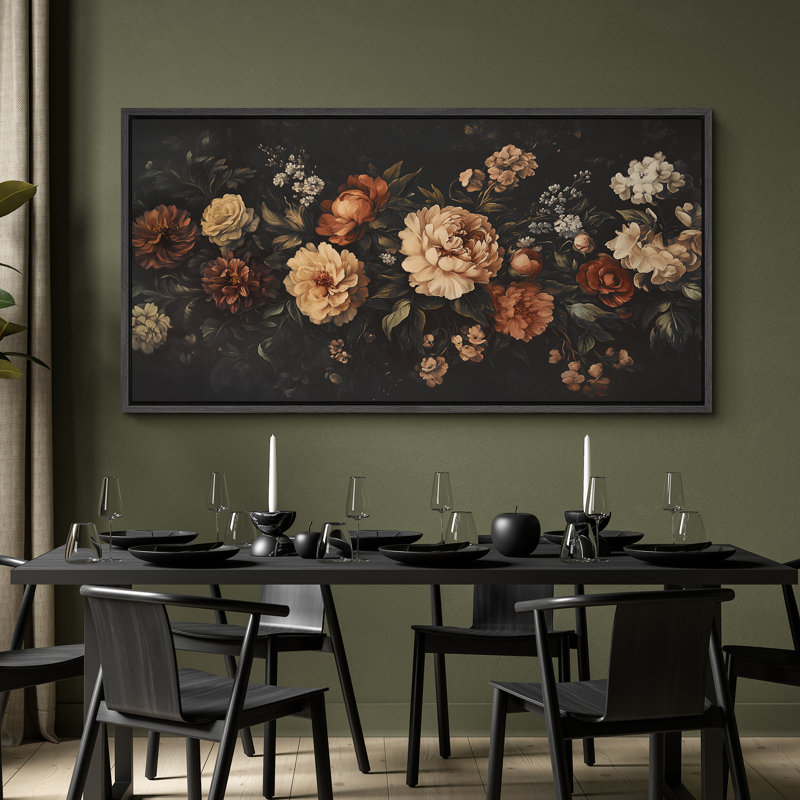 «Moody Peony Flowers Bouquet», impression sur toile encadrée surdimensionnée, Noir, noir, noir, noir, H 30 po x l 60 po
