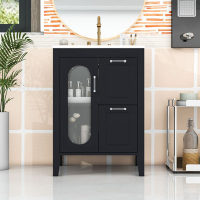 24" Bathroom Vanity with Ceramic Sink, 2 Drawers and Storage Cabient