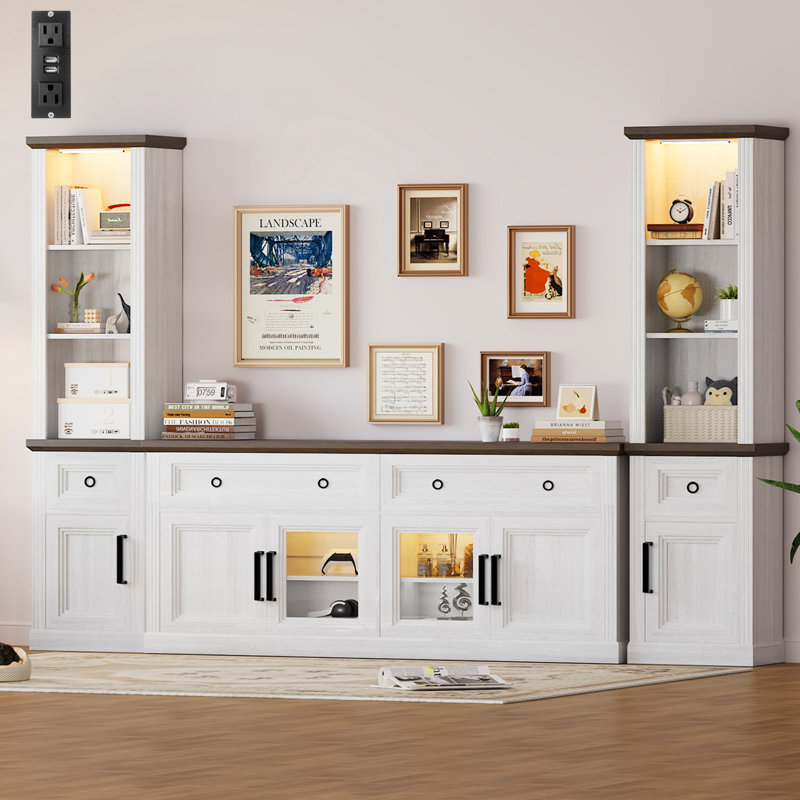 Farmhouse 3-piece Tv Stand With Bookshelves, Charging Station And Led Lights For Tvs Up To 75”, Studio Wall Unit Modern Entertainment Center With 4 Drawers And Storage Cabinets,tv Console Table Set For Living Room, Bedroom