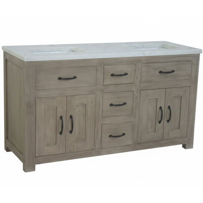 60 po Ensemble de meuble-lavabo double à trois portes, trois tiroirs, finition bois naturel et plateau en marbre blanc Deluxe