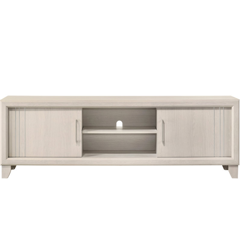 Meuble télé de style contemporain en beige avec quincaillerie de ton argent, deux compartiments dissimulés et tablettes ouvertes, longueur de 71,1 po pour les compartiments de portes de salon de 1 pièce, hauteur de 23,6 po