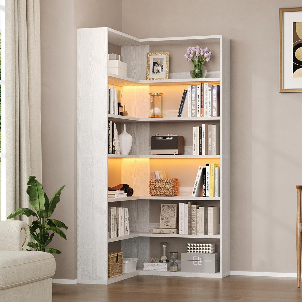 Latitude Run® 71” L-Shaped Corner Bookshelf, Wooden Industrial-Style ...
