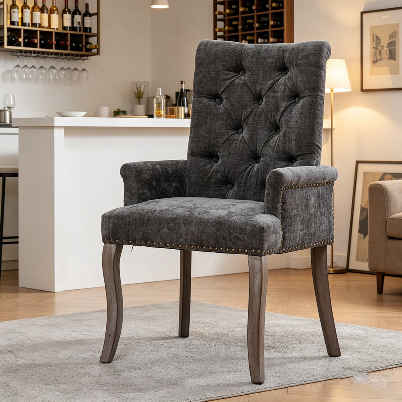 Chaise rembourrée d'appoint en chenille avec pieds courbés en bois massif, dossier capitonné, support ergonomique et chaise club intemporelle pour la salle à manger ou le salon.
