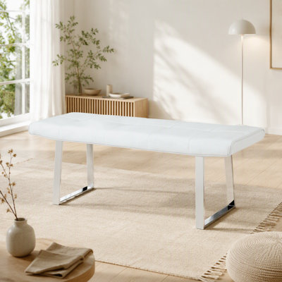 Upholstered Dining Bench for 2-3 People with Premium Leather, High-Resilience Sponge Cushion, Reinforced Metal Center Beam, and Arched Electroplated Legs.
