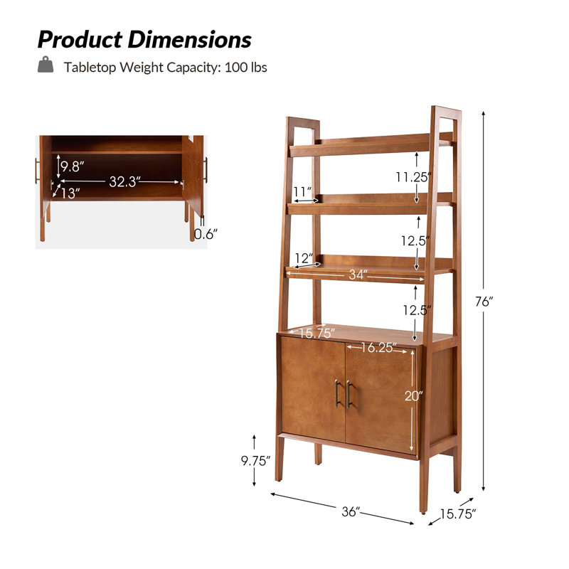 Angelith 36"W Ladder Storage Shelf Bookcase with Solid Wood Legs, Acorn