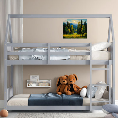 Bunk Bed With Headboard, Footboard, Guardrails And Ladder In Rubberwood With Safety Rails, Light Grey Design.