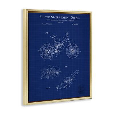 Detailed Bicycle Blueprint Gold Framed Floater Canvas Wall Art by Karl Hronek