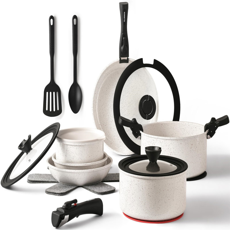 23-Piece White Granite Nonstick Aluminum Cookware Set with Detachable Handles