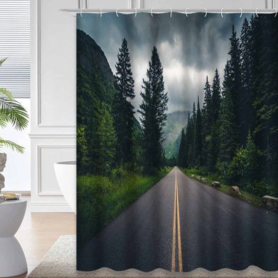 Forest Road Day Dark Landscape Green Shower Curtain with 12 Hooks