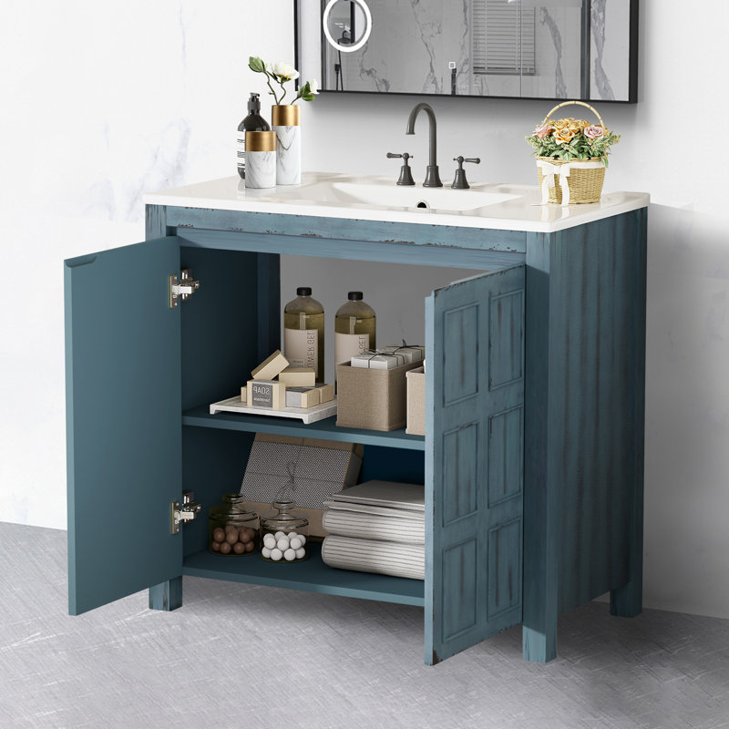 Meuble-lavabo 36 po avec lavabo en céramique, Bleu rétro