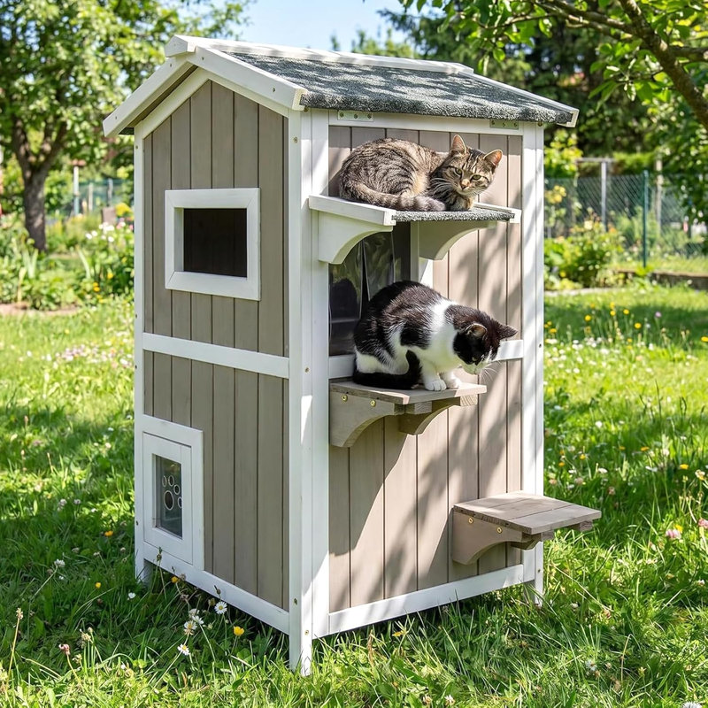 Maison pour chat extérieure en bois à 2 étages résistante aux intempéries avec plateformes de saut, plancher surélevé et toit en asphalte, gris