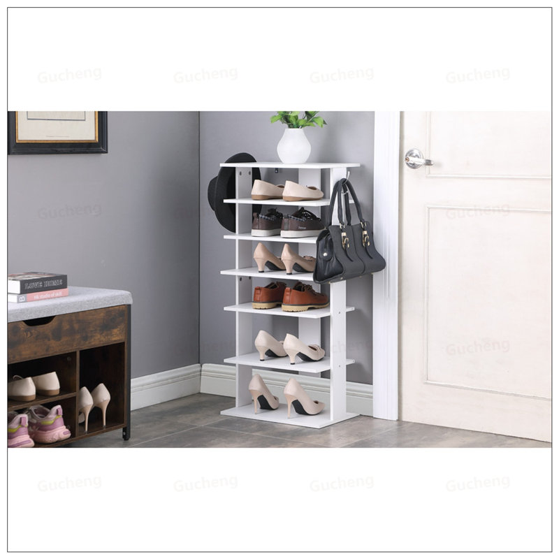 7-Tier Vertical Shoe Rack With Hooks, Space-Saving Entryway Organizer For Multiple Footwear Storage And Easy Access, White