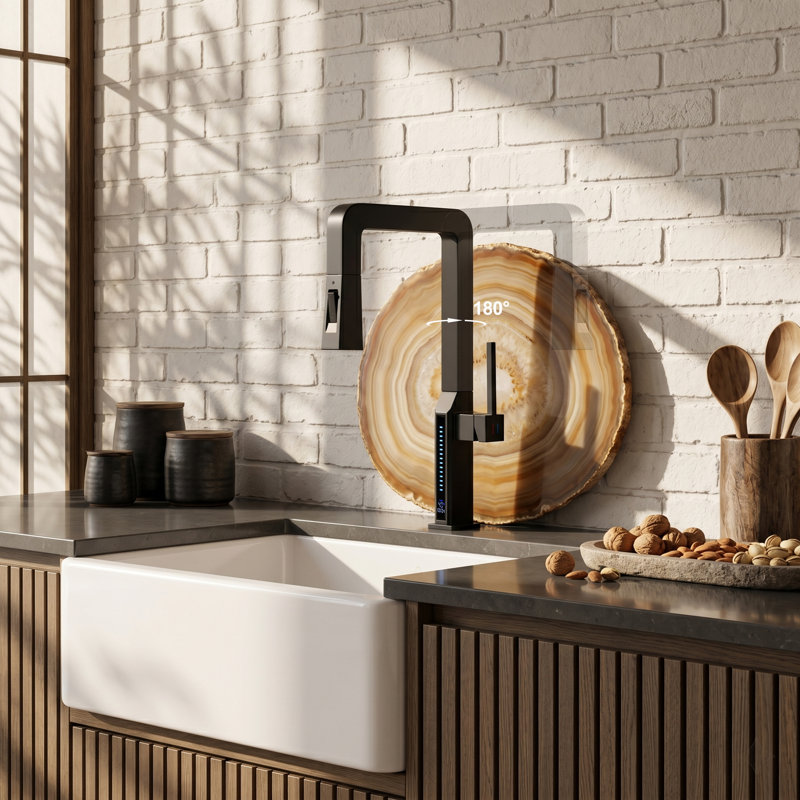 Robinet de cuisine noir mat moderne à poignée simple avec douchette extractible et affichage DEL de la température, Noir mat