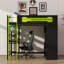 Lit mezzanine de jeu double avec bureau et garde-robe ouvert, structure en bois avec zones de rangement et éclairage intégré-207929671