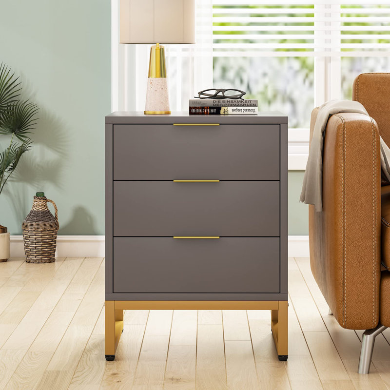 Modern Nightstand 3 Drawers Bedside Table, Grey/Gold