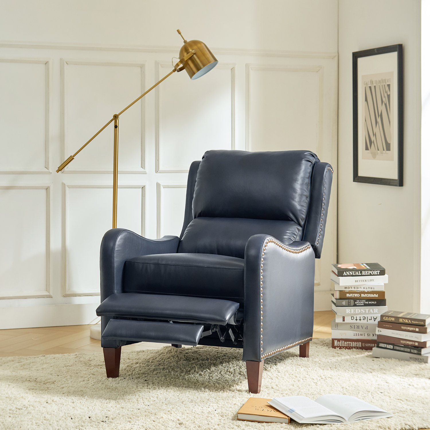 Beecher 29" Genuine Leather Manual Recliner, Navy