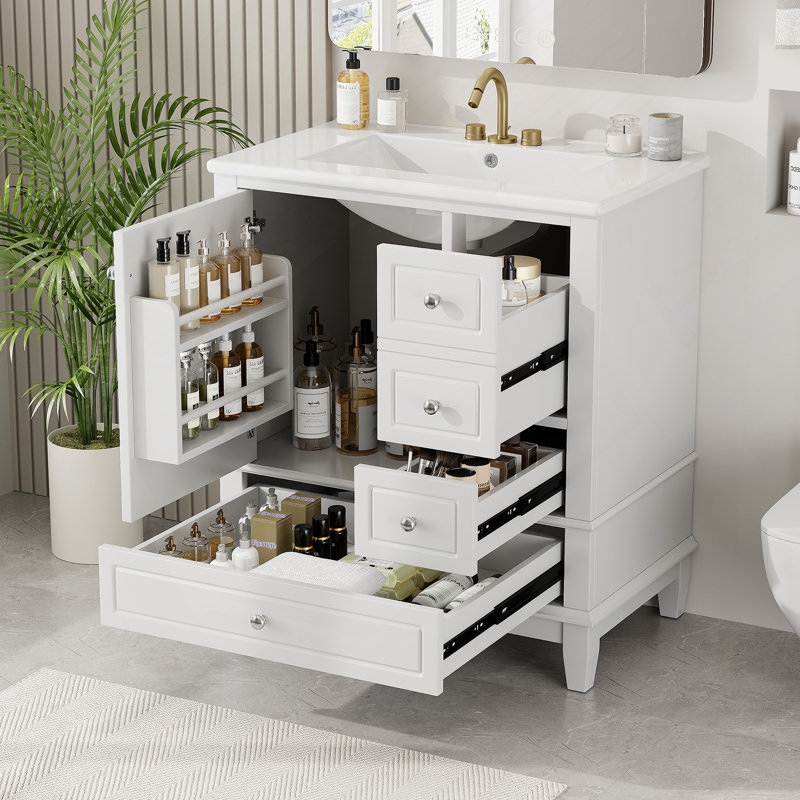 Meuble-lavabo avec lavabo Aghacully, une porte avec tablette et trois tiroirs, porte à fermeture en douceur , Argent argent