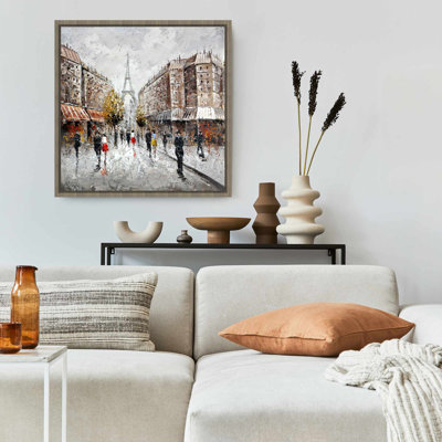Paris Busy Street Canvas - Cities Brown Building Framed Art