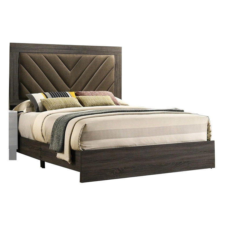 Lit double classique avec tête de lit tapissier gris et base transitionnelle, Gris