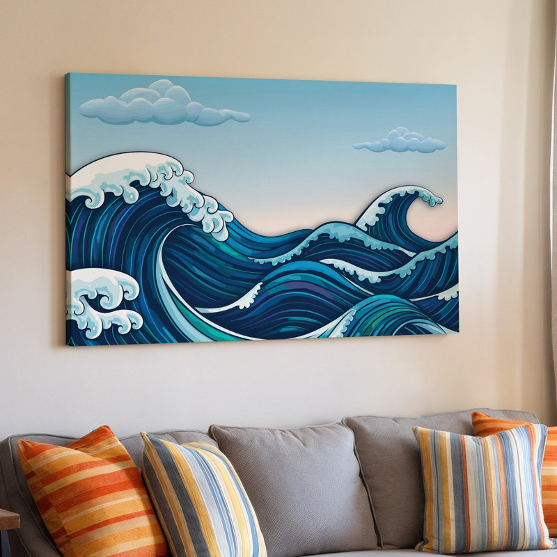 Toile, scène sereine de l'océan mettant en vedette des vagues tourbillonnantes stylisées dans des nuances variées de bleu profond et de sarcelle sur fond de toile