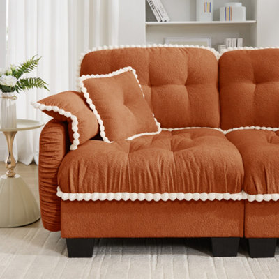 L-Shaped Cloud Sofa Couch with Deep Seat,Chenille Modular Sectional Loveseat with Ottoman Pom Pom Trimmed,Tufted Small L Shape Couches with Curved Arms for Small Spaces Living Room,orange