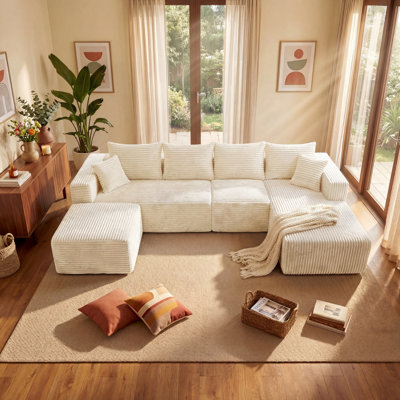 Compression U-Shaped Sectional Sofa, Modular Couch with Flannel Fabric, Pocket Spring Support, Removable Covers, Non-Slip Bottom, No Assembly Required, for Living Room, Beige