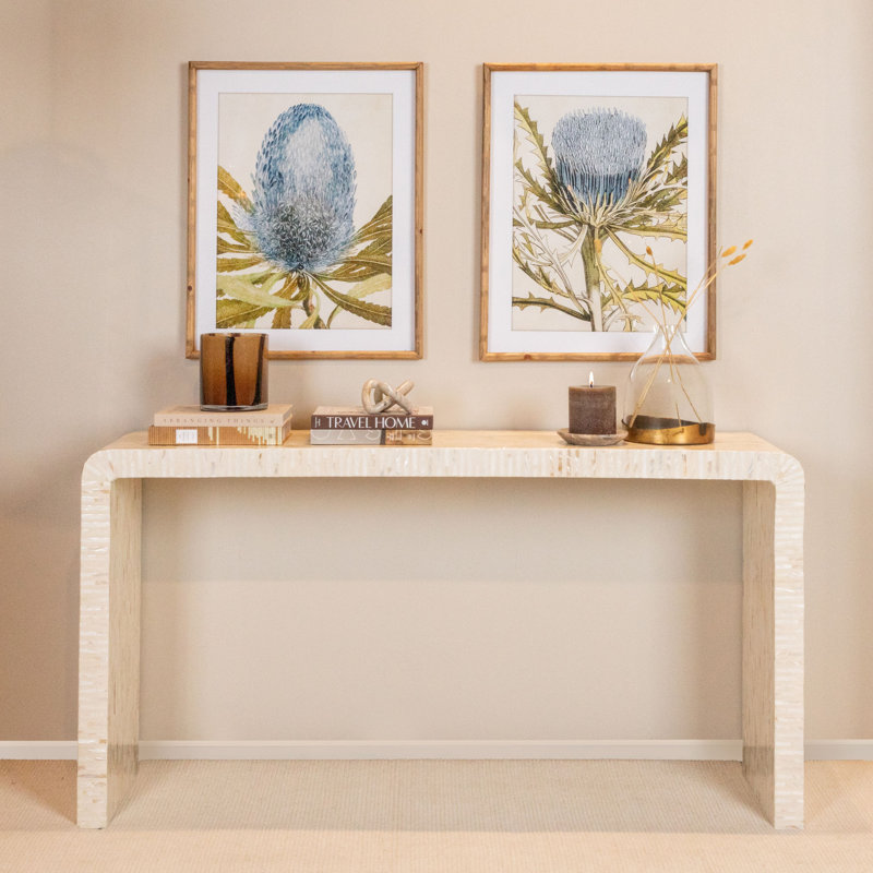 Console Ventura en bois récupéré et en nacre, Blanc cassé