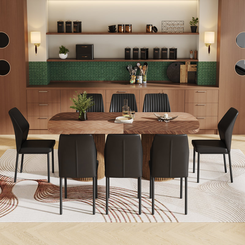 Ensemble de table de salle à manger 78,7 po, Bois brun / bois naturel, Noir, 9 pièces : table, 8 chaises