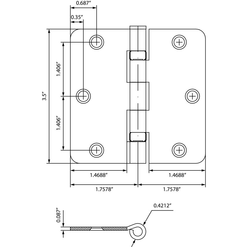 Charnières de porte à roulement à billes 3-1 / 2 ", angle de rayon de 1/4", Laiton poli