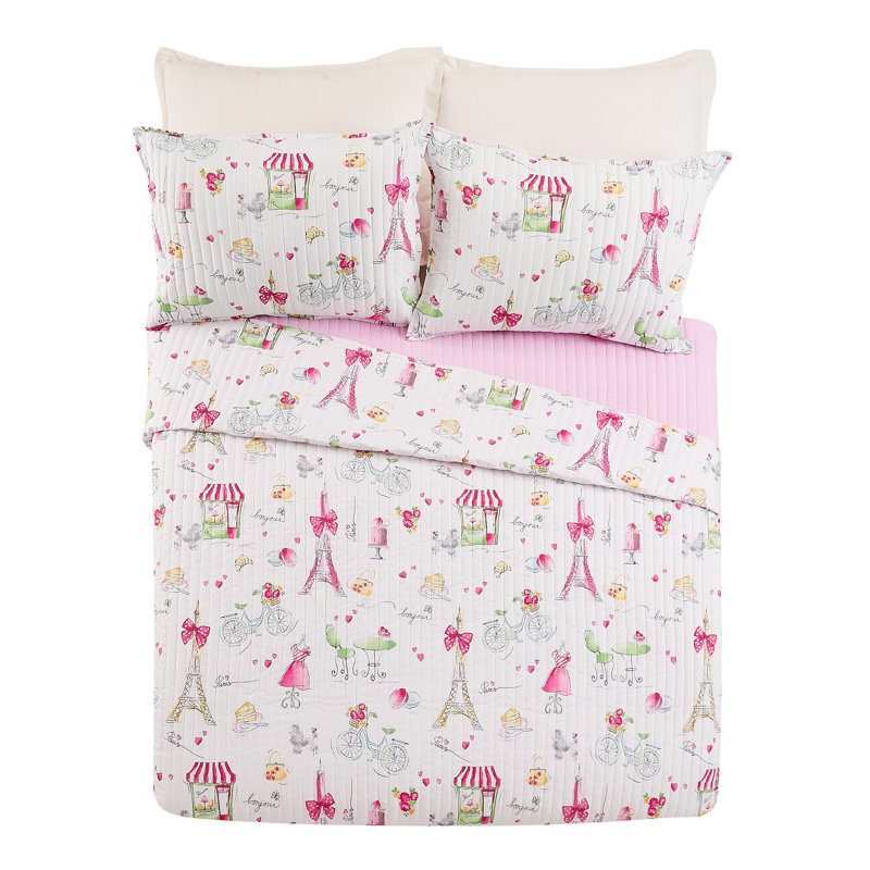 Ensemble de courtepointe réversible en microfibre rose Pretty in Paris, Full/Queen Quilt + 2 Pillow Shams