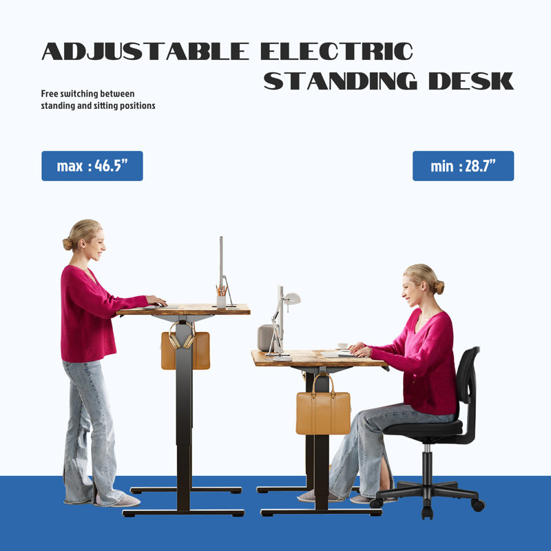 Ensemble de bureau: chaise de bureau en filet et bureau électrique, Noir / brun rustique