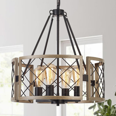 Modern Farmhouse Chandelier, Rustic 4-Light Dining Room Chandelier Light Fixture Kitchen Island Light, Adjustable Hanging Light, Black & Dark Oak