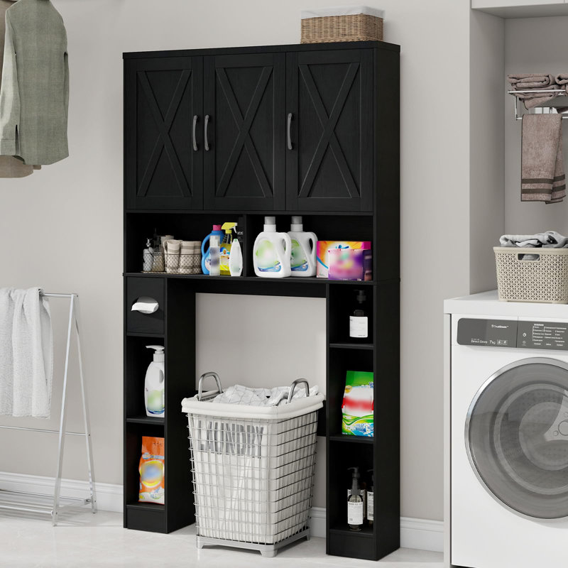 Armoire de rangement au-dessus de la toilette avec 3 portes de grange, Noir pur