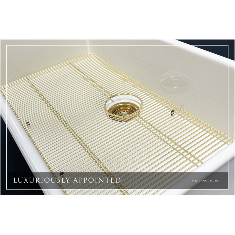 Luxury 36-Inch Solid Fireclay Farmhouse Sink, Flat Front, Brushed Brass Accessories