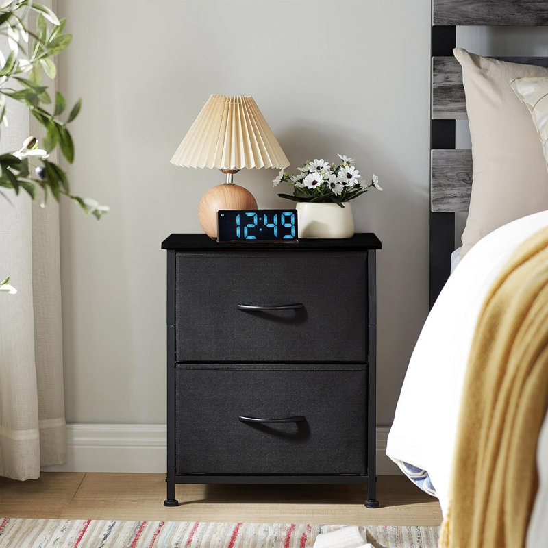 Nightstand, Small 2 Drawer Dresser Night Stand With Fabric Bins, Bedside Furniture, End Table, Black