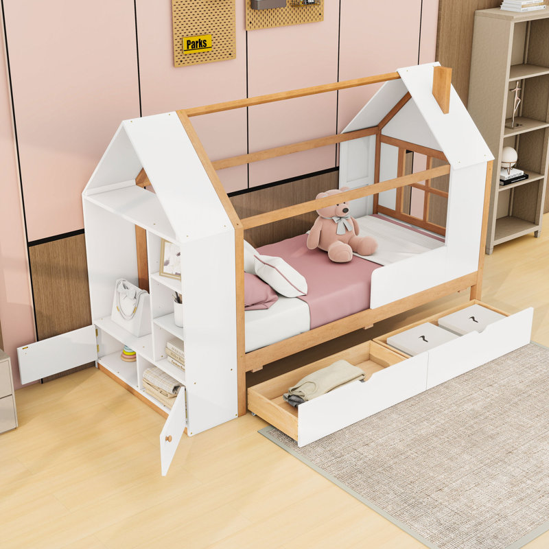 Lit plateforme 2 tiroirs avec tablettes, armoire intégrée et armoires, White Natural