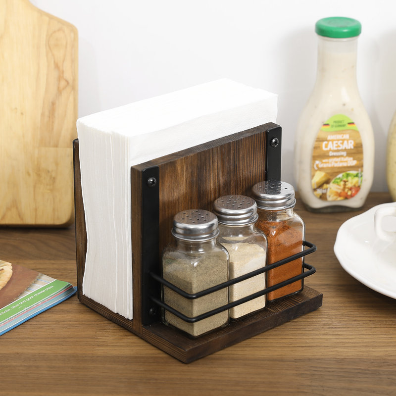 Metal and Wood Napkin Holder, Black Brown