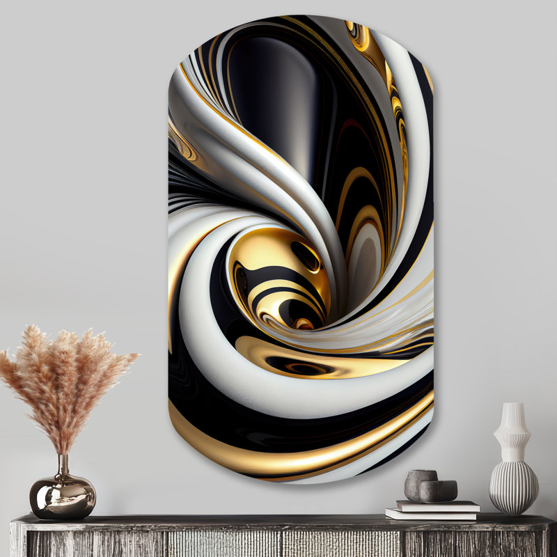 Or noir et blanc vitrail I - spirales abstraites, art mural en métal asymétrique, cylindre doré, H 43 po x l 23 po x P 1 po