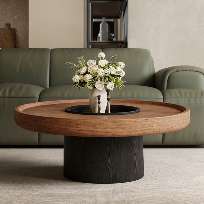Table basse ronde moderne en noyer, plateau en bois massif de 35 po avec rangement pour salon, chambre à coucher et plus