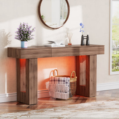 63" Console Table With 3 Storage Drawers And Led Light, Long Wooden Farmhouse Sofa Table For Entryway Or Hallway