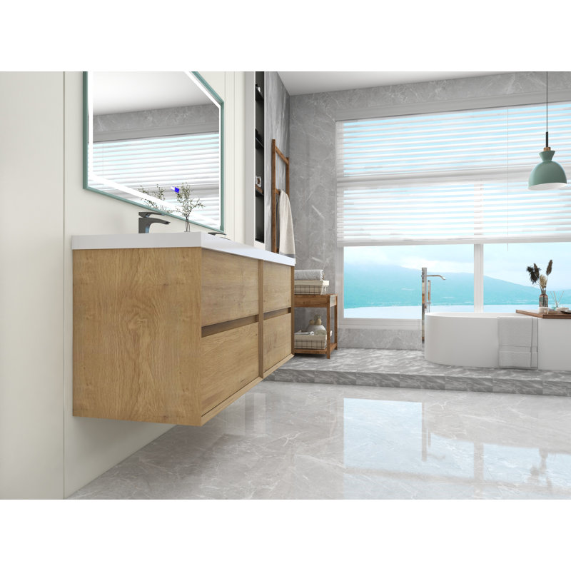 Ensemble de meuble-lavabo double mural 59 po Seavy, Chêne blanc