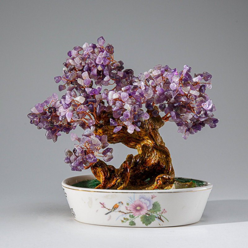 Genuine Amethyst Gemstone Bonsai Tree in Round Ceramic Pot (7")